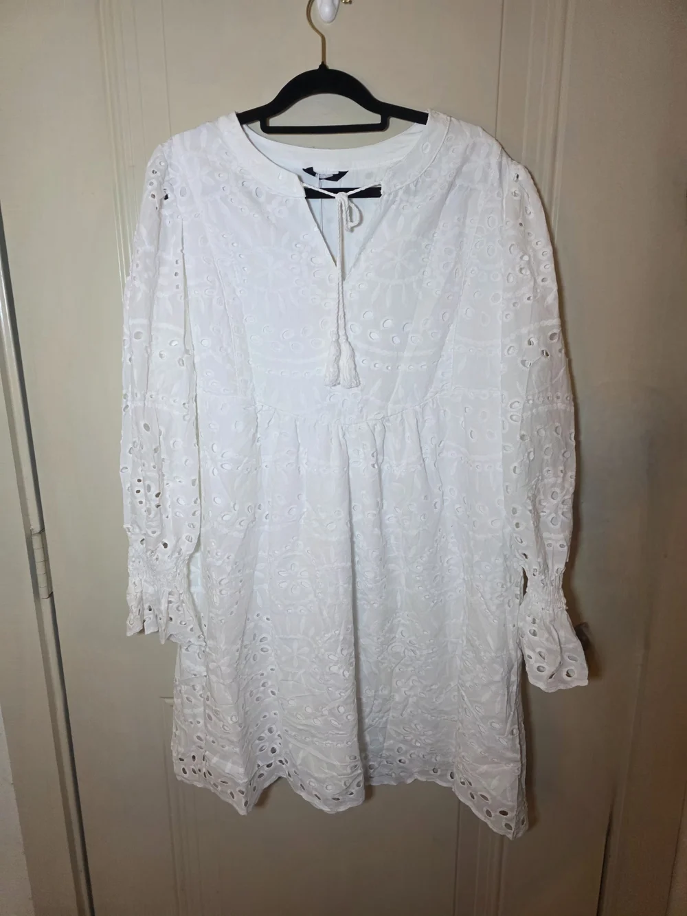 White Eyelet Smocked Mini Dress with Tassel Tie - Picture 2 of 11